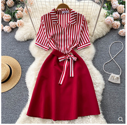 Elegant temperament striped lapel short-sleeved dress women's summer 2022 new waist waist temperament all-match A-line skirt