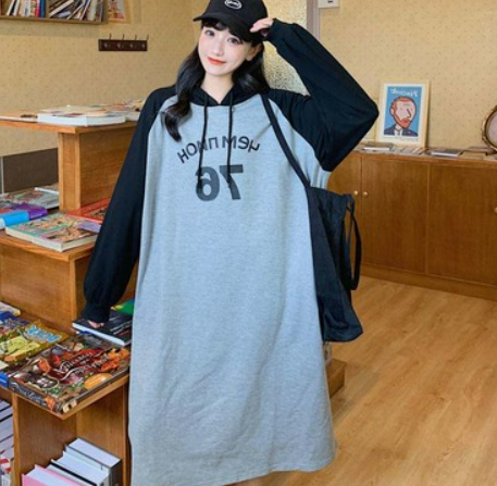 300 kg large size loose slimming dress spring and autumn fat mm student hooded sweater women over-the-knee long skirt 220