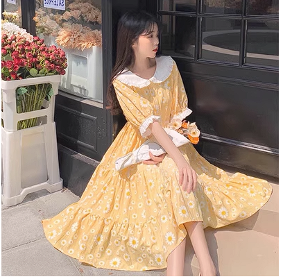 Plus size women's clothing 2022 new summer Japanese style long yellow floral waist dress skirt fat mm cover belly and look thin