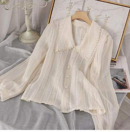 Fashion Hollow Out Peter Pan Collar Blouses Women Spring Elegant Single-breasted Pearl Button Decoration Tops Korean Thin Shirt