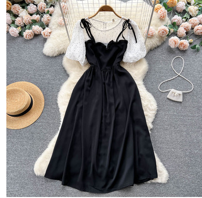 French niche puff sleeve chiffon skirt women's summer 2023 new slim temperament splicing strap fake two-piece dress