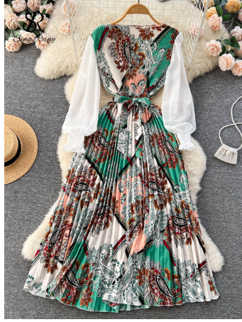 SINGREINY Ethnic Style Print Dress Women Spring New Fashion Puff Sleeve Lace-up Design Sheath 2023 Retro A-Line Long Dress