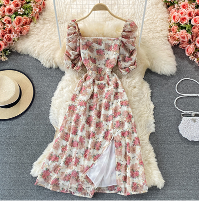 French retro sweet floral chiffon square collar dress female summer first love skirt temperament skirt fairy super fairy forest