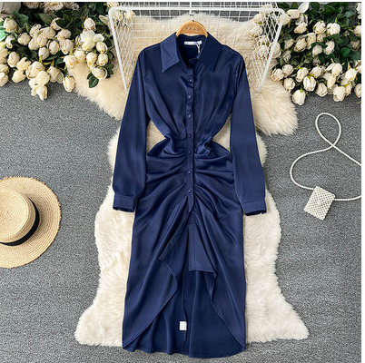 2022 Spring New Irregular Pleated V-neck Shirt Dress Women's Waist Slim Slit Goddess Fan Long Skirt