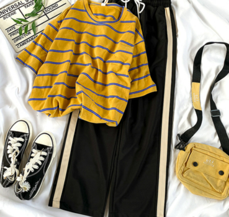Harajuku style age-reducing hit color striped short-sleeved T-shirt, high-waisted, thin, black casual pants, western style suit
