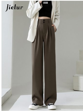 Jielur High Waist Wide Leg Pants for Women New Loose Straight Coffee Trousers Autumn Double Buttons Casual Suit Pants Female