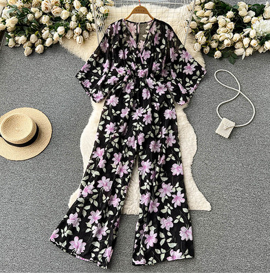 2023 new summer high waist long section thin floral v-neck lazy loose bat sleeve wide-leg jumpsuit long pants