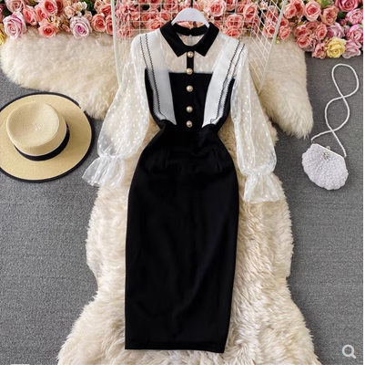 In the early spring of 2023, the new royal sister temperament is light and mature, and the famous lady has a thin waist and a thin mesh stitching bag hip dress dress