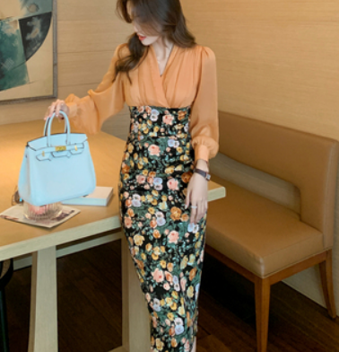 2021 autumn women's new style foreign fashion fake two-piece fight to receive the waist light mature wind pure desire bag hip dress trend