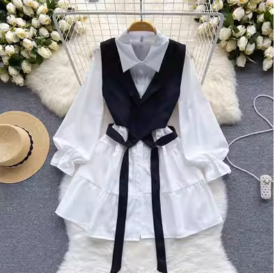 Fashion casual suit women's new Korean version loose white shirt short vest foreign style thin girl two-piece set