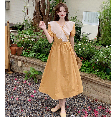 Large size Korean version of the lotus leaf edge V-neck one-piece dress female 2023 summer new fat mm simple and thin long skirt