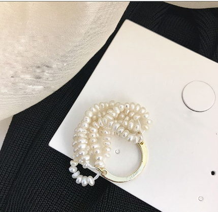 2021 Retro Multilayer Natural Freshwater Pearl Rings Metal Geometric Bead Ring for Women Girls Party Jewelry Gift