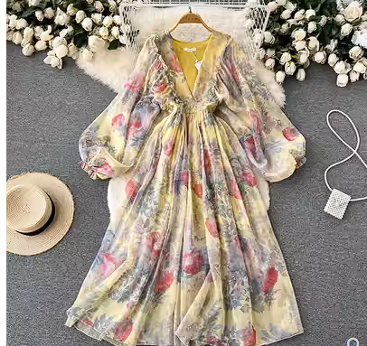 Holiday style deep V-neck lantern sleeve pleated long skirt early spring gentle wind tea break French oil painting dress