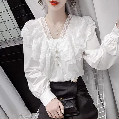 2023 new autumn ruffle lace fashion V-neck white shirt women's design sense niche French top