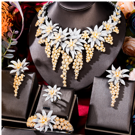 GODKI BIG Bold 4PCS Luxury Grape Flower African Jewelry Sets For Women Wedding Party Zircon Dubai Bridal Jewelry Indian Kundan