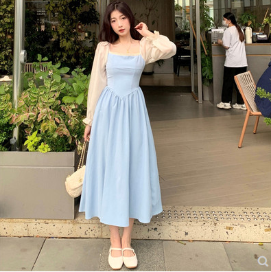 Large size French style sweet square collar dress women's spring new skirt fat MM waist slimming pear-shaped figure long skirt