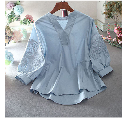 2022 summer new Korean style shirt embroidery thin section hollow three-quarter sleeve shirt women's loose belly-covering thin top