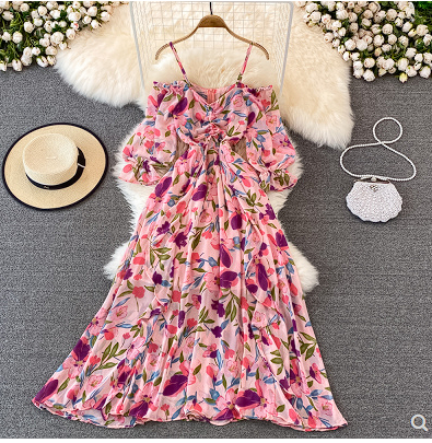 Seaside holiday dress gentle wind one-shoulder off-shoulder suspender skirt high waist slim floral chiffon dress spring