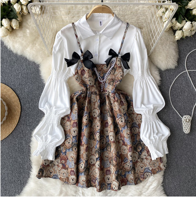 Spring new sweet style two-piece female hot girl suspenders fluffy dress + long-sleeved white shirt two-piece set