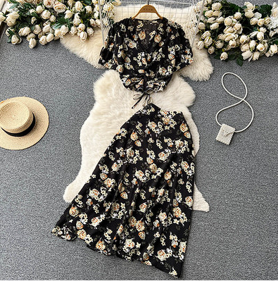 Summer dress small fresh floral suit skirt women's short V-neck tie short-sleeved top + A-line skirt two-piece trendy