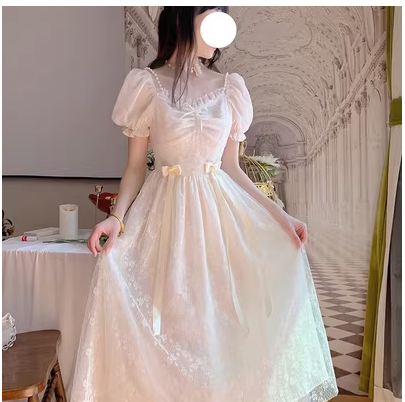 Large size French forest bowknot puff sleeve dress female summer fat sister waist slimming fairy long skirt