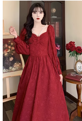 Fat sister large size square collar red dress dress female autumn and winter new waist slimming French high-end skirt