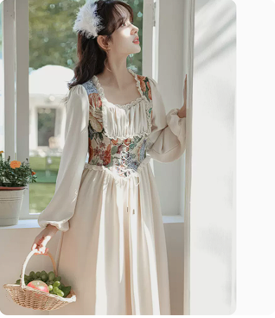 Chic niche court style waist dress women's clothing spring and autumn 2023 new French tea break long skirt Mori series