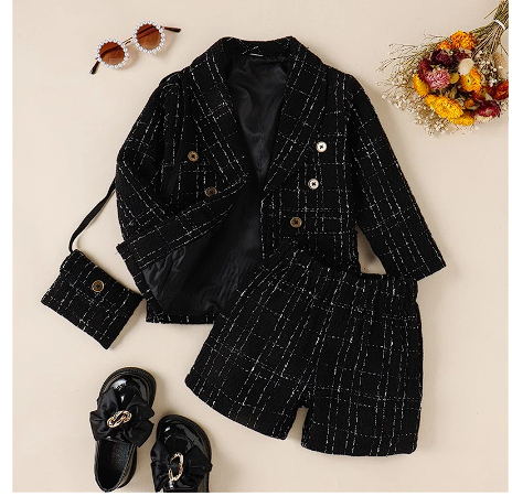 Toddler Baby Girls Fashion Shorts Set Autumn Spring Infant Long Sleeve Lapel Collar Plaid Blazer Jacket Shorts Shoulder Bag