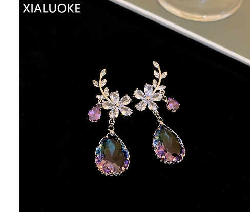 XIALUOKE Korea Fashion Asymmetric Metal Leaves Flowers Earrings For Women Elegant Water Drop Crystal Earrings Party Jewelry