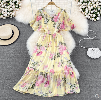 Super Fairy High Waist Slim V-neck Ruffled Chiffon Floral Dress Seaside Holiday A-Line Large Swing Long Dress Summer