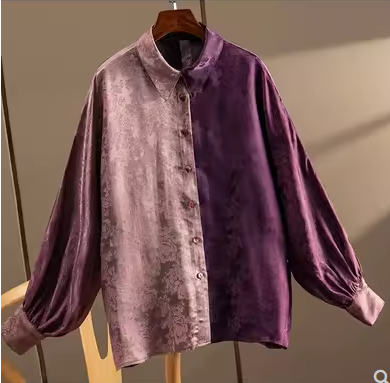 Fantasy Purple Paper Man Lantern Sleeves Heavy Fragrant Cloud Gauze Shirt Women 695W