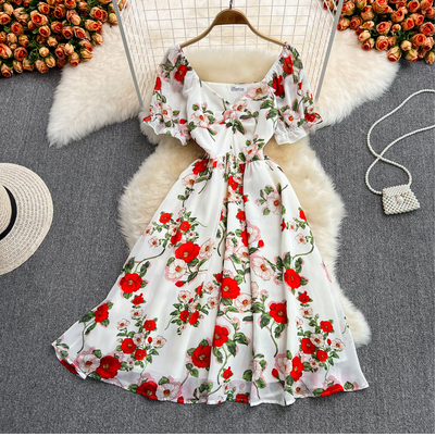 Summer new style gentle wind mid-length waist V-neck floral chiffon dress super fairy forest first love platycodon skirt