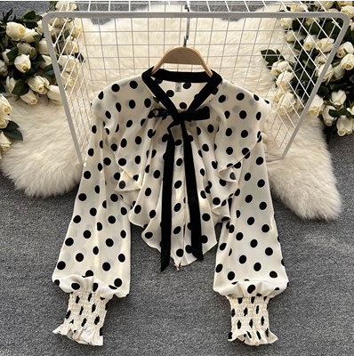 French-style polka-dot shirt women's design feeling small crowd ruffles self-cultivation sweet streamer age-reducing chiffon top women's spring dress