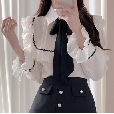 Bow tie shirt 2022 autumn new French design sense niche ruffled long-sleeved shirt top women