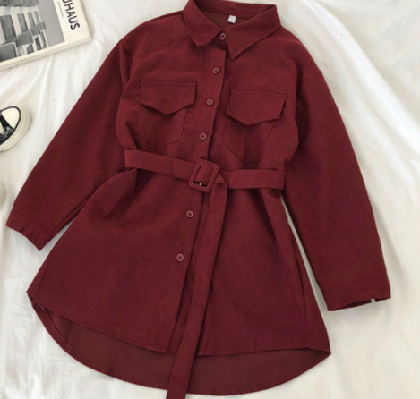 Single-breasted POLO collar dress female 2019 winter dress Korean chic corduroy loose mid-length skirt trendy with belt