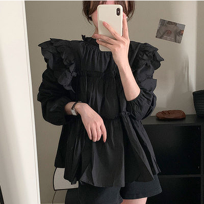 Korean chic autumn French simple lace stand collar stitching lotus leaf edge layered long-sleeved shirt top women