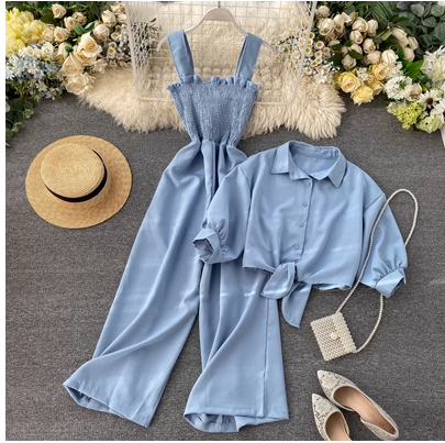 Holiday style two-piece suit 2020 new suspenders pleated wide-leg jumpsuit + stand-up collar short-sleeved cardigan shirt women's fashion