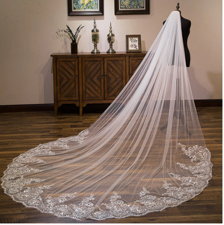 Wedding Veil Lace Edge Long Luxurious Bridal Veil Applique Sequins White/Ivory Veil With Comb Cathedral One-Layer 3Meters