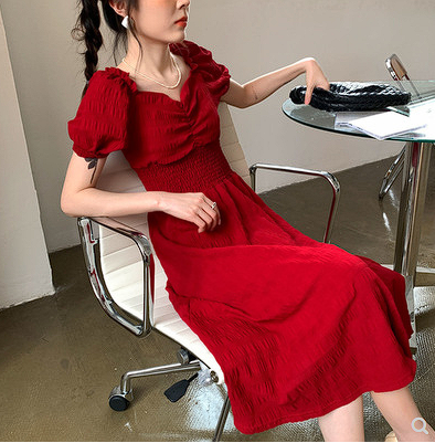 2022 new beautiful French red dress small person chic temperament narrow waist slimming a-line skirt summer