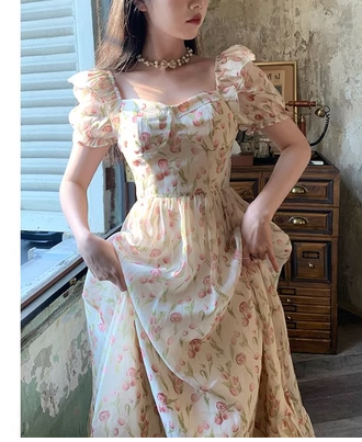 Gentle wind tea break French platycodon ruffles long skirt super fairy temperament waist square collar floral large size dress female