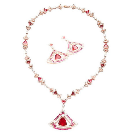 Europe America Fashion Style High-end Jewellery Women Lady Settings Pink Blue Zircon Large Fanned Pendant Necklace Earrings