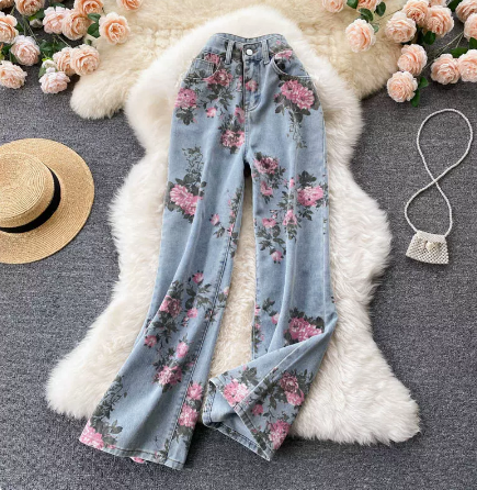 Sweet and spicy girl rose jeans women's summer design sense niche high waist drape wide leg pants straight long pants