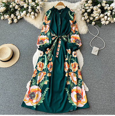 European and American ins court style fashionable printed dress women's stand-up collar waist tie belt big swing A-line knee-length skirt