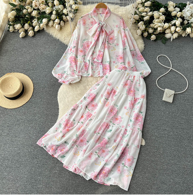 Spring new national style floral suit skirt female bow collar lantern sleeve shirt pleated skirt two-piece set