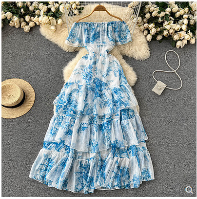 Cold wind printing chic stunning one-shoulder one-piece dress summer women's waist slimming temperament A-line mid-length skirt