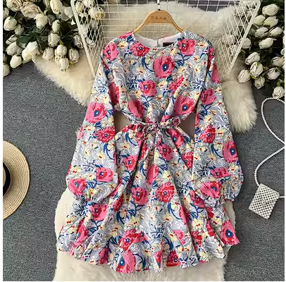 High-end retro European and American ins style floral fashion dress femininity celebrity mid-length printed skirt tide