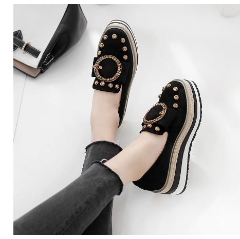 Autumn new style rhinestone stripe thick bottom muffin shoes women's round toe metal buckle slope heel shoes increase British st