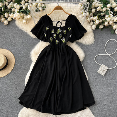 European and American new black French square collar backless retro embroidery tie bow Hepburn style chic dress for women