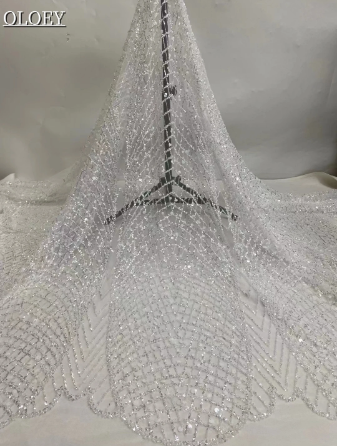 White High Quality French Heavy Hand Made Groom Enbroidery Lace Fabric African Nigerian With Sequins Fabric For Wedding Dress