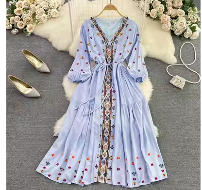 Bohemian retro ethnic style embroidery puff sleeves V-neck waist a-line dress holiday big swing dress